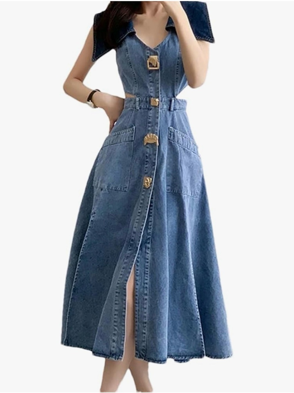 Denim Button-Front Midi Dress with Contrast Collar